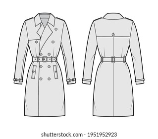 Trench coat technical fashion illustration and belt  double breasted  fitted  wide lapel collar  knee length  storm flap  Flat jacket template front  back  grey color style  Women unisex CAD mockup
