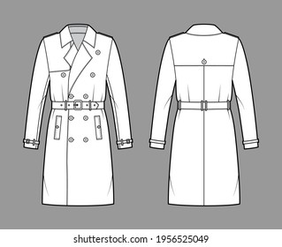 Trench coat technical fashion illustration and belt  double breasted  long sleeves  knee length  storm flap  Flat jacket template front  back  white style  Women  men  unisex top CAD mockup