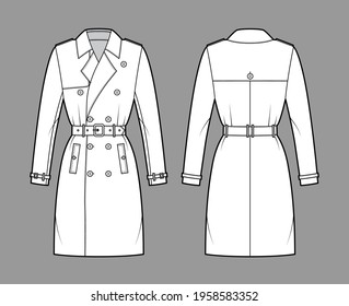 Trench coat technical fashion illustration and belt  fitted  long sleeves  napoleon wide lapel collar  knee length  storm flap  Flat jacket template front  back  white color  Women unisex CAD mockup