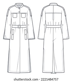  Trench Coat technical fashion Illustration  Belted Coat fashion flat technical drawing template  flared sleeves  rib collar  slits  pockets  front   back view  white  women  men  unisex CAD mockup 