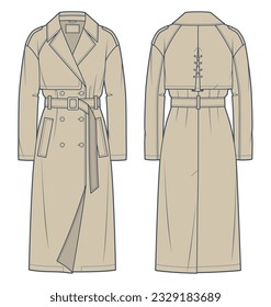 Trench Coat technical fashion Illustration  Classic Trench Coat fashion flat technical drawing template  midi length  double  breasted  pocket  front  back view  beige  women  men  unisex CAD mockup 