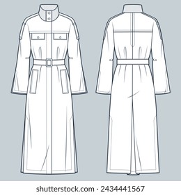 Ilustración técnica de la moda de la capa de zanja. Plantilla de dibujo técnico plano de moda de cuero, manga raglán acampanada, bolsillos, vista frontal y posterior, blanco, mujeres, hombres, maqueta CAD unisex.