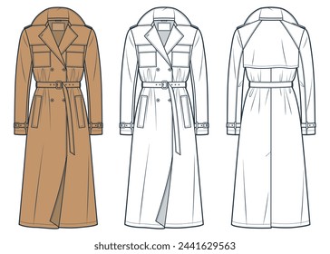 In: Trench Coat technical fashion illustration. Classic Trench Coat Mode technische Zeichnungsvorlage, Midi, Doppelbrust, vorne, Rückansicht, weiß, Kamelbraun, Frauen, Männer, Unisex CAD Mockup Set.   