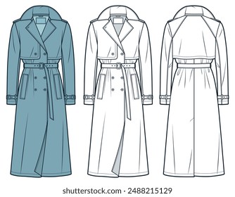 Trench Coat technical fashion Illustration. Classic Trench Coat fashion flat technical drawing template, midi length, double-breasted, front, back view, white, blue, women, men, unisex CAD mockup set 