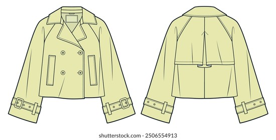 Trench Coat technical fashion Illustration. Cropped Trench Coat fashion flat technical drawing template, double-breasted, pockets, front and back view, white, yellow, women, men, unisex CAD mockup. 