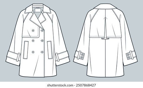 Trench Coat technical fashion Illustration. Button Up Coat fashion flat technical drawing template, double-breasted, pockets, oversize, front and back view, white, women, men, unisex CAD mockup.