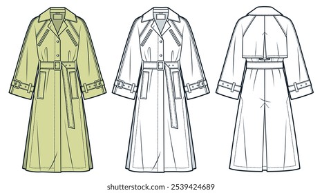 Trench Coat ilustración técnica de moda. Raglan Sleeve Coat Plantilla plana técnica de dibujo, longitud midi, hendiduras, bolsillos, vista frontal, vista posterior, blanco, amarillo, mujeres, hombres, unisex juego de maquetas CAD.