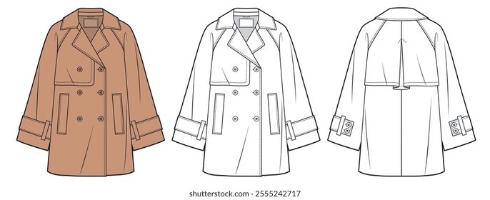 Trench Coat technical fashion Illustration. Button Up Coat fashion technical drawing template, double-breasted, pocket, oversize, front and back view, white, moco color, women, men, unisex CAD mockup.