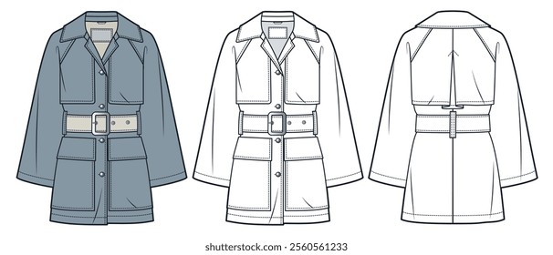 Trench Coat technical fashion Illustration. Raglan Sleeve Coat fashion flat technical drawing template, buttons, pockets, belt, front and back view, white, blue grey, women, men, unisex CAD mockup set