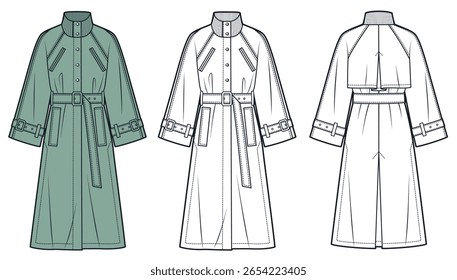 Trench Coat technical fashion Illustration. Raglan Sleeve Long Coat fashion flat technical drawing template, wide sleeve, pockets, belt, front, back view, white, green, women, men, unisex CAD mockup.
