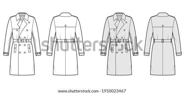 Trench coat technical fashion illustration with
belt, double breasted, long sleeves, knee length, storm flap. Flat
jacket template front, back, white, grey color style. Women, men,
unisex CAD mockup