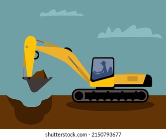 trench digging, large yellow excavator, vector illustration 
