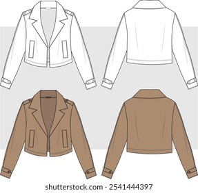 Chaqueta de trinchera ilustración de moda técnica. Chaleco de ropa plana Plantilla frontal y trasera, color blanco. Maqueta CAD unisex.