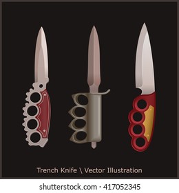 Trench Knife With Brass Knuckles. 3 Knives. Version 2. Vector illustration.