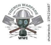 Trench warfare. Gas mask and military helmet with crossed trench showels. Color illustratione