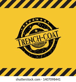 Trench-coat grunge black emblem with yellow background, warning sign. Vector Illustration. Detailed.