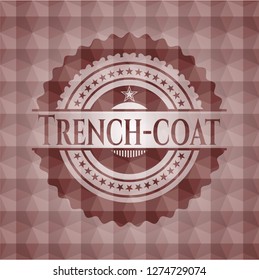 Trench-coat red emblem or badge with abstract geometric pattern background. Seamless.