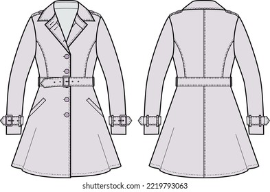 Trenchcoat set flat sketch. Overcoat apparel design. Front and back. Women CAD mockup. Fashion technical drawing template. Vector illustration.