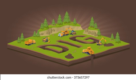 The trenches in the form of the word Dig. 3D lowpoly isometric vector concept illustration suitable for advertising and promotion