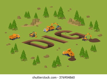 The trenches in the form of the word Dig. 3D lowpoly isometric vector concept illustration