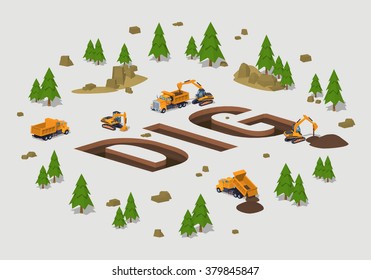 The trenches in the form of the word Dig. 3D lowpoly isometric vector concept illustration