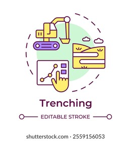 Trenching multi color concept icon. Horizontal extent of soil layers studying. Geotechnical survey test. Round shape line illustration. Abstract idea. Graphic design. Easy to use in article