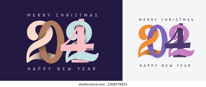 Trend 2024 typography logo design colored concept. Happy New Year 2024 design with typography letter logo for calendar, t-shirt, flyer, poster, banner and media post template. Vector 2024 symbols.