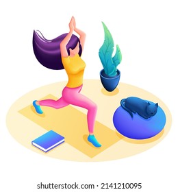 La tendencia es isométrica 3D. Niña hace yoga, en casa, un gato duerme. Ilustración vectorial.