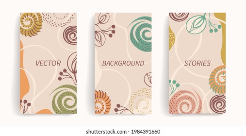 Trend abstract art templates, for social media posts, stories, banners, mobile apps, web, print, ads. Vector layout with copy space for text, organic shapes, floral, berries, circles, Pastel color