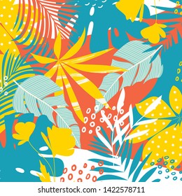 Trend abstract pattern with bright tropical leaves and plants on a beige background. Vector design. Jung print. Floral background. Printing and textiles.