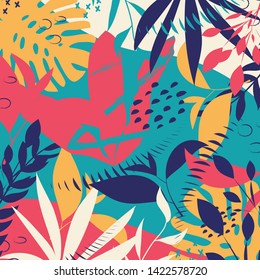 Trend abstract pattern with bright tropical leaves and plants on a green background. Vector design. Jung print. Floral background. Printing and textiles.