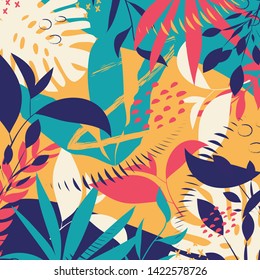 Trend abstract pattern with bright tropical leaves and plants on a green background. Vector design. Jung print. Floral background. Printing and textiles.