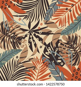 Trend abstract pattern with bright tropical leaves and plants on a dark yellow background. Vector design. Jung print. Floral background. Printing and textiles.