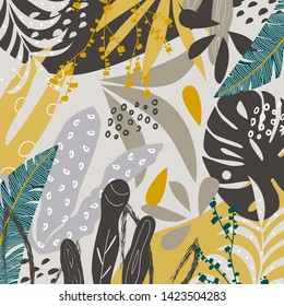 Trend abstract pattern with tropical leaves and plants on a beige background. Vector design. Jungle print. Floral background. Printing and textiles. Exotic tropics. Summer design.