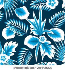 Trend abstract seamless pattern with blue monochromatic style tropical leaves and plants on pastel background. Vector design. Jungle print. Floral background. Printing and textiles. Exotic tropics. 