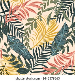 Trend abstract seamless pattern with colorful tropical leaves and plants on pastel background. Vector design. Jungle print. Floral background. Printing and textiles. Exotic tropics. Fresh design.