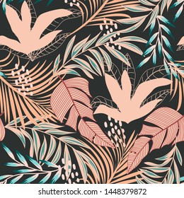 Trend abstract seamless pattern with colorful tropical leaves and plants on a gray background. Vector design. Jungle print. Floral background. Printing and textiles. Exotic tropics. Fresh design.