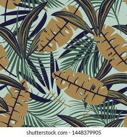 Trend abstract seamless pattern with colorful tropical leaves and plants on pastel background. Vector design. Jungle print. Floral background. Printing and textiles. Exotic tropics. Fresh design.