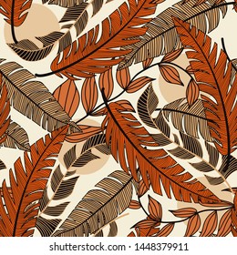 Trend abstract seamless pattern with colorful tropical leaves and plants on a delicate background. Vector design. Jungle print. Floral background. Printing and textiles. Exotic tropics. Fresh design.