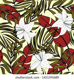 Trend abstract seamless pattern with colorful tropical leaves and plants on pastel background. Vector design. Jungle print. Flowers background. Printing and textiles. Exotic tropics. Fresh design.