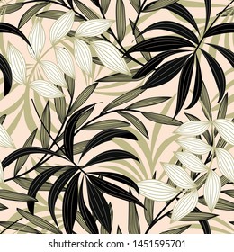 Trend abstract seamless pattern with colorful tropical leaves and plants on a delicate background. Vector design. Jungle print. Flowers background. Printing and textiles. Exotic tropics. Fresh design.