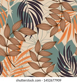 Trend abstract seamless pattern with colorful tropical leaves and plants on beige background. Vector design. Jungle print. Floral background. Printing and textiles. Exotic tropics. Fresh design.