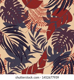 Trend abstract seamless pattern with colorful tropical leaves and plants on beige background. Vector design. Jungle print. Floral background. Printing and textiles. Exotic tropics. Fresh design.