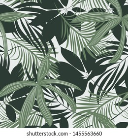 Trend abstract seamless pattern with colorful tropical leaves and plants on a light background. Vector design. Jungle print. Floral background. Printing and textiles. Exotic tropics. Fresh design.