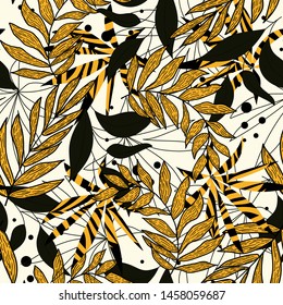 Trend abstract seamless pattern with colorful tropical leaves and plants on pastel background. Vector design. Jungle print. Flowers background. Printing and textiles. Exotic tropics. Fresh design.