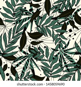 Trend abstract seamless pattern with colorful tropical leaves and plants on a delicate background. Vector design. Jungle print. Flowers background. Printing and textiles. Exotic tropics. Fresh design.