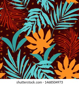 Trend abstract seamless pattern with colorful tropical leaves and plants on Burgundy background. Vector design. Jungle print. Floral background. Printing and textiles. Exotic tropics. Summer.