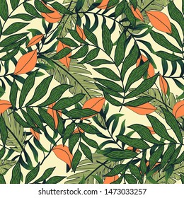 Trend abstract seamless pattern with colorful tropical leaves and plants on beige background. Vector design. Jungle print. Floral background. Printing and textiles. Exotic tropics. Summer.