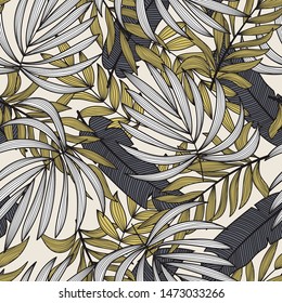 Trend abstract seamless pattern with colorful tropical leaves and plants on pastel background. Vector design. Jungle print. Floral background. Printing and textiles. Exotic tropics. Summer.