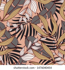 Trend abstract seamless pattern with colorful tropical leaves and plants on beige background. Vector design. Jungle print. Floral background. Printing and textiles. Exotic tropics. Summer.